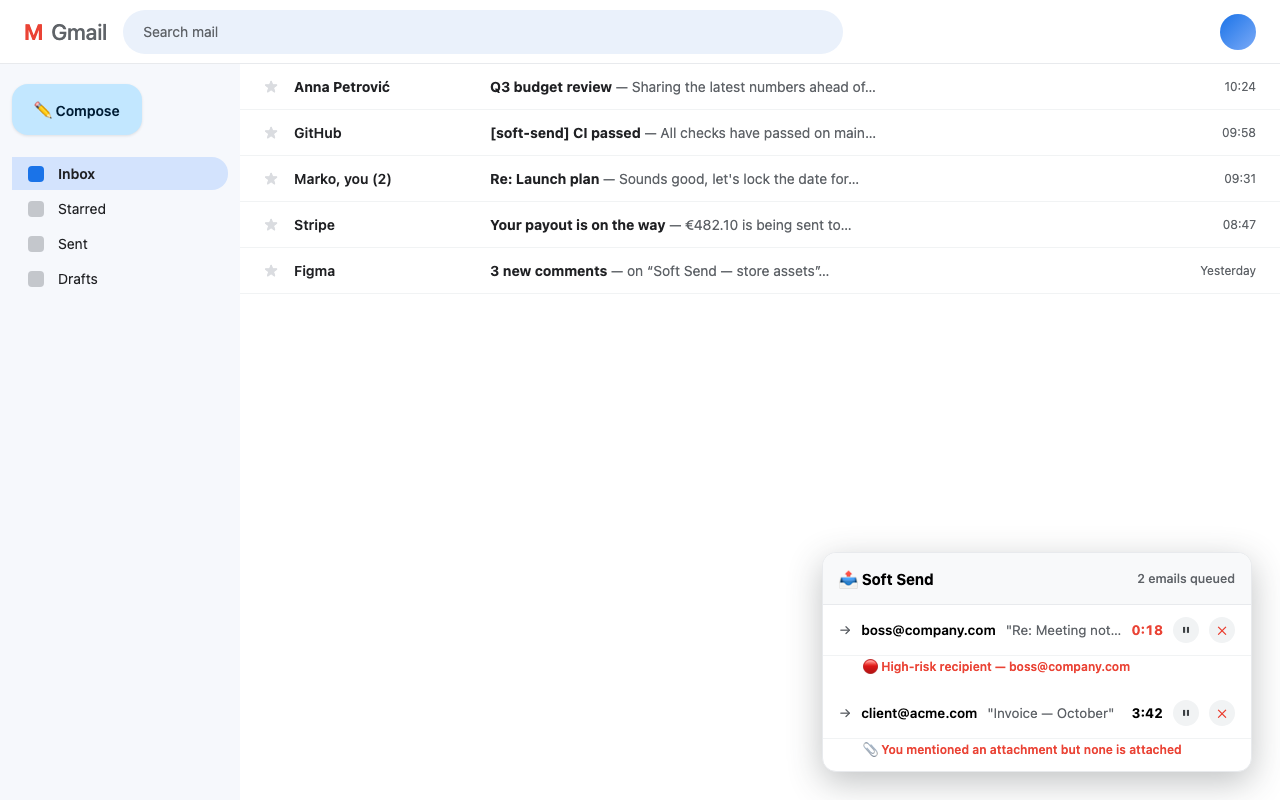 Soft Send queue banner inside Gmail showing two queued emails with countdowns and risk warnings